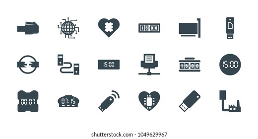 Usb icons. set of 18 editable filled usb icons: cpu in heart, cpu planet, phone cable, phone connection cable, cable