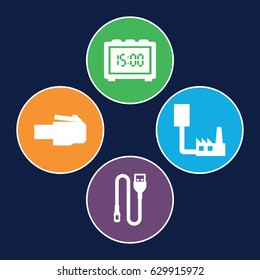 Usb icons set. set of 4 usb filled icons such as wire, digital clock, phone cable