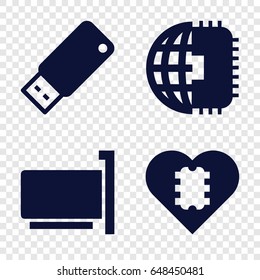 Usb icons set. set of 4 usb filled icons such as usb drive, cpu in heart, cpu planet