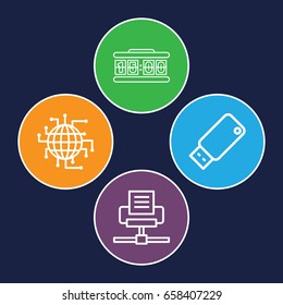 Usb icons set. set of 4 usb outline icons such as usb drive, digital clock, cpu planet