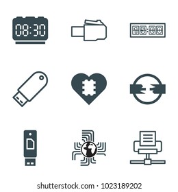 Usb icons. set of 9 editable filled and outline usb icons such as cpu in heart, usb drive, cable, digital clock, flash drive, phone cable, phone connection cable