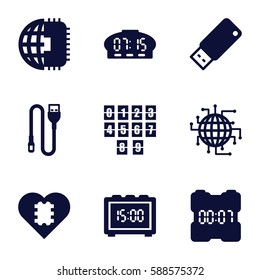 usb icons set. Set of 9 usb filled icons such as wire, usb drive, digital clock, CPU in heart