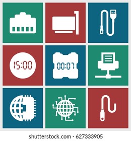 Usb icons set. set of 9 usb filled icons such as wire, digital clock, CPU planet, phone cable