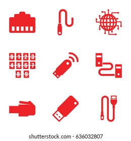 Usb icons set. set of 9 usb filled icons such as wire, digital clock, cpu planet, phone cable