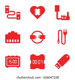 Usb icons set. set of 9 usb filled icons such as flash drive, wire, digital clock, cpu in heart, phone cable, phone connection cable