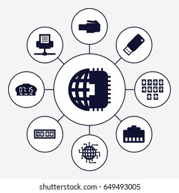 Usb icons set. set of 9 usb filled icons such as usb drive, digital clock, cpu planet, phone cable