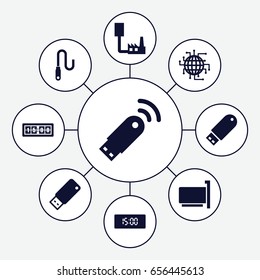 Usb icons set. set of 9 usb filled icons such as flash drive, wire, digital clock, cpu planet