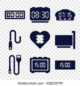 Usb icons set. set of 9 usb filled icons such as wire, digital clock, cpu in heart