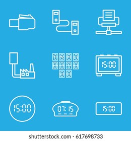 Usb icons set. set of 9 usb outline icons such as digital clock, phone cable, phone connection cable