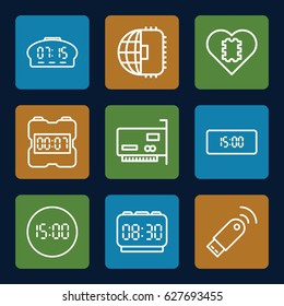 Usb icons set. set of 9 usb outline icons such as usb signal, digital clock, CPU in heart, CPU planet