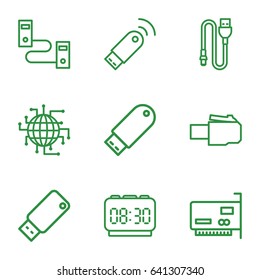 Usb icons set. set of 9 usb outline icons such as flash drive, wire, digital clock, cpu planet, phone cable, phone connection cable