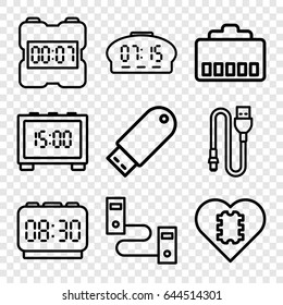 Usb icons set. set of 9 usb outline icons such as flash drive, wire, digital clock, cpu in heart, phone cable