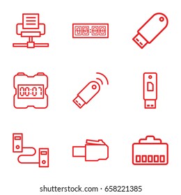 Usb icons set. set of 9 usb outline icons such as flash drive, digital clock, phone cable, phone connection cable