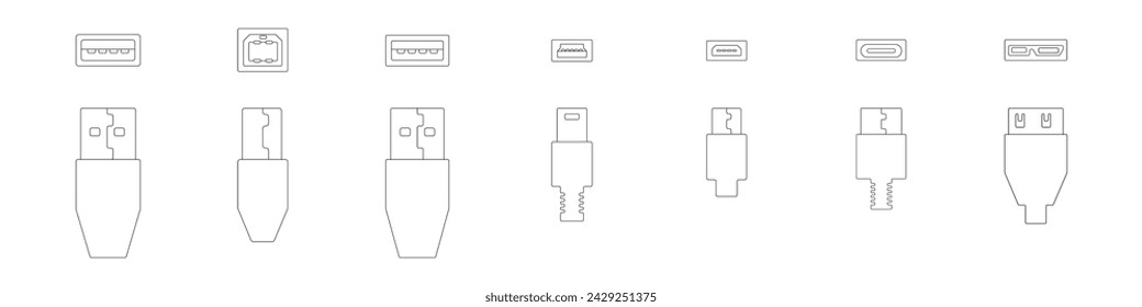 Conjunto de iconos USB de diferentes conectores vectoriales. Conjunto de iconos de peatones en diferentes conectores. Conector para teléfonos, cámaras, cámaras, ordenadores.