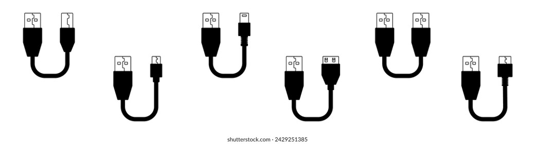 Conjunto de iconos USB de diferentes conectores vectoriales. Conjunto de iconos de peatones en diferentes conectores. Conector para teléfonos, cámaras, cámaras, ordenadores.