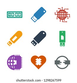 usb icons. Trendy 9 usb icons. Contain icons such as cable, CPU in heart, CPU planet, usb drive, flash drive, digital clock. icon for web and mobile.