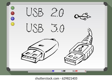 USB input set. Whiteboard hand drawn vector illustration