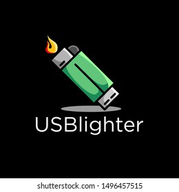 USB and lighter logo design. Black isolated background. Minimalistic logo design. Creative logo. Beautiful and simple element