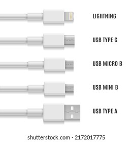 Usb lightning cables. Mobile device connector technology types, data storage connectivity plugs vector illustration, computer plugged connectors isolated