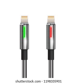 Usb lightning cord isolated green red light. Vector illustration for technology element.