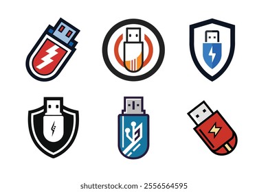 USB logo set featuring a variety of USB icons, perfect for technology branding, digital device illustrations, and connectivity design projects