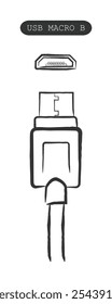 USB Macro B. Mão desenhado vetor de arte de linha de diferentes tipos de leads e portas USB.