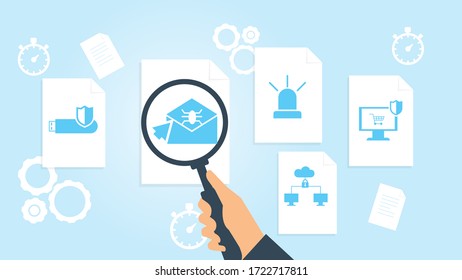 Usb memory card, lock, security file, document research vector illustration. Document with search icons. File and magnifying glass. Analytics research sign. Vector Illustration
