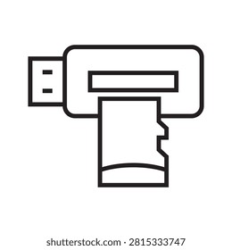 USB memory card reader with inserted SD card line icon, photography data transfer symbol in vector outline.