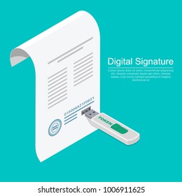 USB memory stick and a document with a connector.Concept of the digital signature.The company for customer service.Isometry.3D. A vector illustration in flat style.