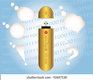 USB Memory Stick - flash drive and speech bubbles. Vector illustration.