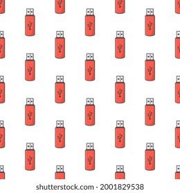 USB Memory Stick Seamless Pattern On A White Background. Flash Drive Theme Vector Illustration