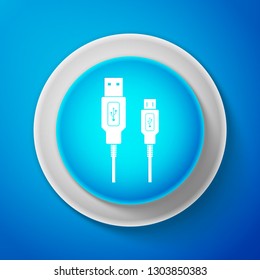 USB Micro cables icon on blue background. Connectors and sockets for PC and mobile devices. Computer peripherals connector or smartphone recharge supply. Circle blue button. Vector illustration