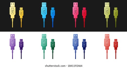 USB Micro cables icon set isolated on black and white background. Connectors and sockets for PC and mobile devices. Smartphone recharge supply. Vector.