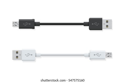 Microcables USB aislados en fondo blanco. Conectores y enchufes para PC y dispositivos móviles. Conector para periféricos de computadora o fuente de recarga para smartphones