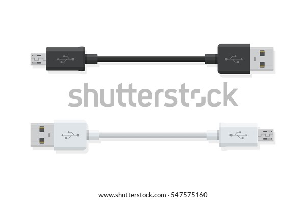 USB Micro cables isolated on\
white background. Connectors and sockets for PC and mobile devices.\
Computer peripherals connector or smartphone recharge\
supply