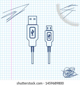 USB Micro cables line sketch icon isolated on white background. Connectors and sockets for PC and mobile devices. Computer peripherals connector or smartphone recharge supply. Vector Illustration