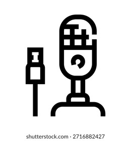 Icono de micrófono USB que simboliza la grabación de audio digital, la producción de podcast y la comunicación de voz, con un micrófono moderno conectado a través de un cable USB adecuado para la creación de contenido
