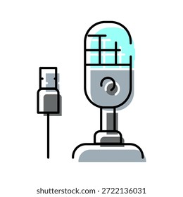 Micrófono USB con soporte y cable conectado con un realce real, ilustrando conceptos de transmisión, grabación de voz, transmisión en vivo y producción de audio digital para varios medios