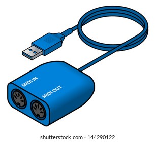 A USB to MIDI (Musical Instrument Digital Interface) adapter with two 5-pin DIN connectors.