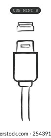 USB Mini B. Hand drawn line art vector of different types of leads and USB ports.