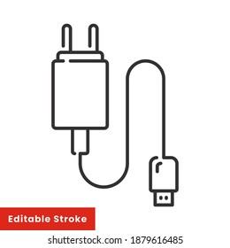 USB mobile charger icon, line style. A tool used specifically to charge the battery on the smartphone. Vector illustration. Design on white background. Editable stroke EPS 10