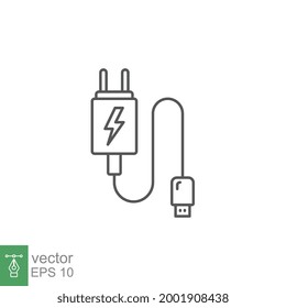 estilo de línea de iconos del cargador móvil usb. Fuente de alimentación eléctrica por cable para la telefonía móvil. enchufe del adaptador, conector de electricidad para la batería de recarga. Ilustración vectorial. Diseño en fondo blanco. EPS 10