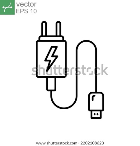 usb mobile charger icon line style. Electric cable power supply for phone cell. Adapter plug, electricity connector for recharge battery. Vector illustration. Design on white background. EPS 10