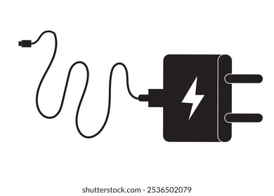 Ícone do carregador móvel USB no fundo branco.  Ícone de carga isolado em preto. Dispositivo de energia. Ilustração de vetor.

