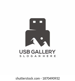 USB With Mountain, Gallery silhouette Vector Logo Design