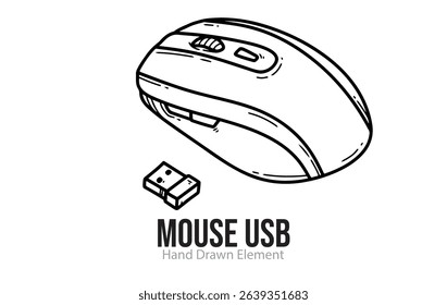 USB mouse hand drawn sketch, editable, black line, outline, simple design, electronic device, technology