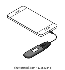 A USB On-The-Go (OTG) cable attached to a mobile phone to enable the connection of a USB thumb drive.