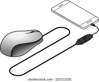 A USB On-The-Go (OTG) cable attached to a mobile phone to enable the connection of a USB mouse.