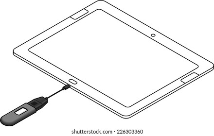A USB On-The-Go (OTG) cable attached to a tablet to enable the connection of a USB thumb drive.