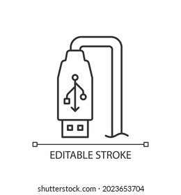 USB output linear manual label icon. Standard cable connection. Thin line customizable illustration. Contour symbol. Vector isolated outline drawing for product use instructions. Editable stroke